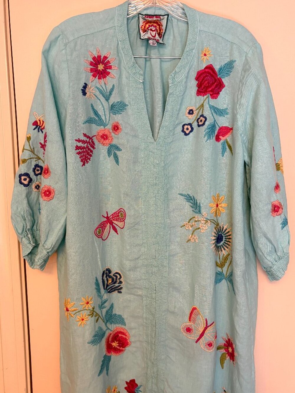 Johnny Was Arla Turquoise Linen Embroidered Dress - size medium